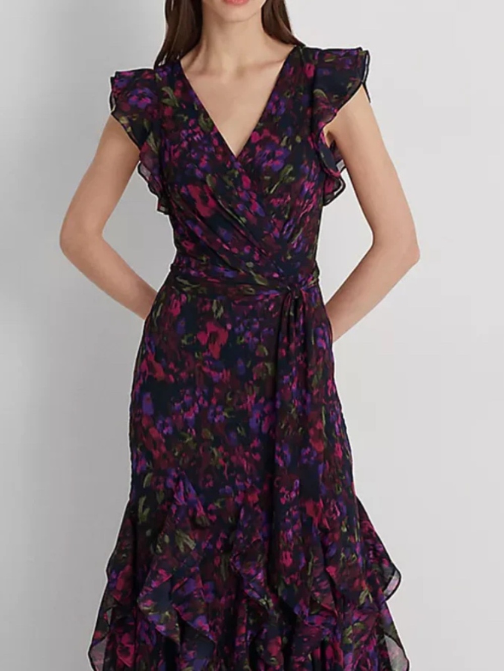 Ralph Lauren Georgette Dress Long Formal Ruffle Flutter Floral 6 - Picture 3 of 14